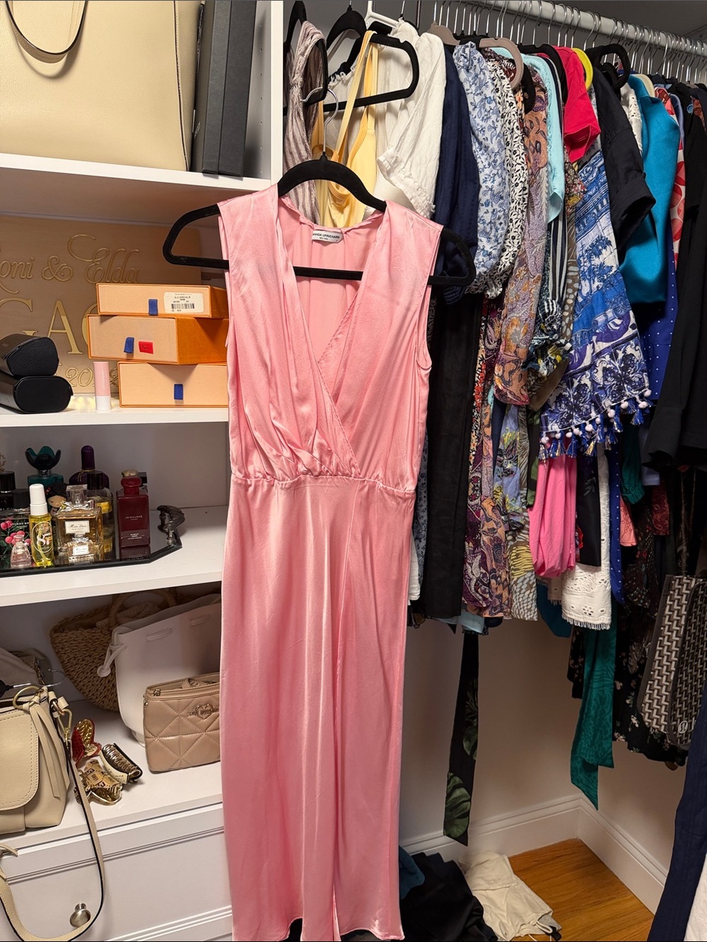 Amanda Uprichard Pink Satin Maxi Dress with V-Neck